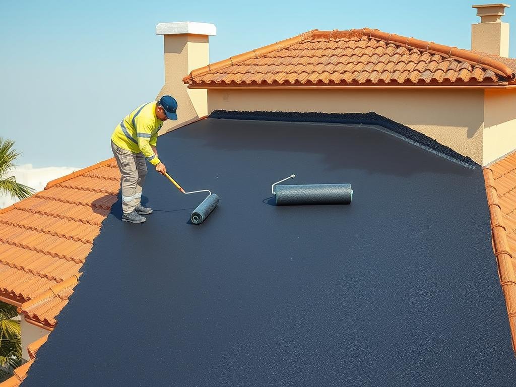 تطبيق الدهن الأسود العازل على سطح منزل