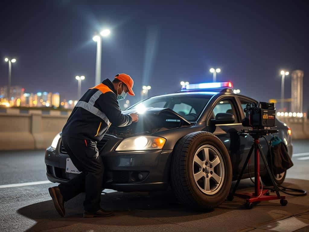 خدمة بنشر متنقل الكويت تعمل ليلاً لمساعدة سيارة متعطلة