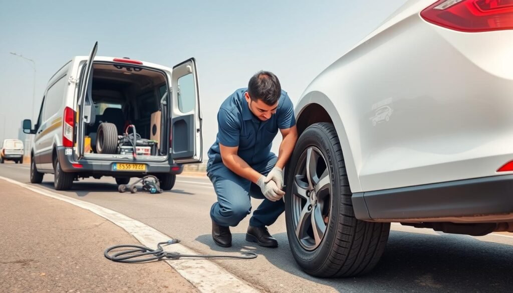 خدمة بنشر متنقل الكويت تقوم بتبديل إطارات سيارة على الطريق