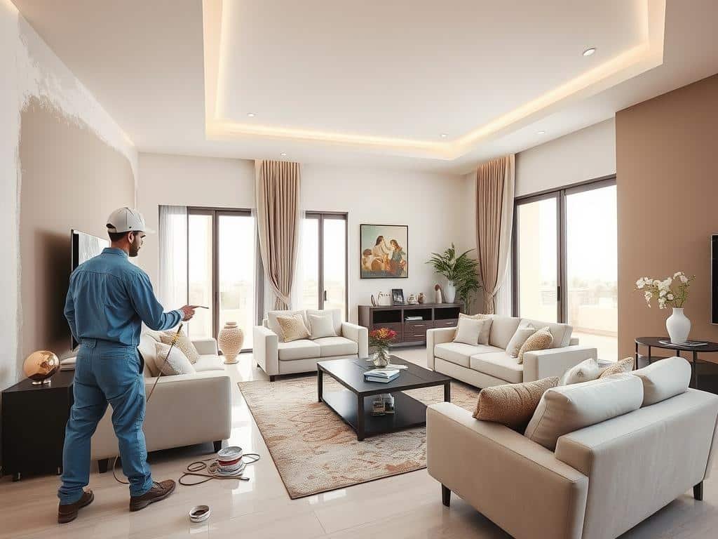 صباغ منازل يقوم بطلاء غرفة معيشة في الكويت