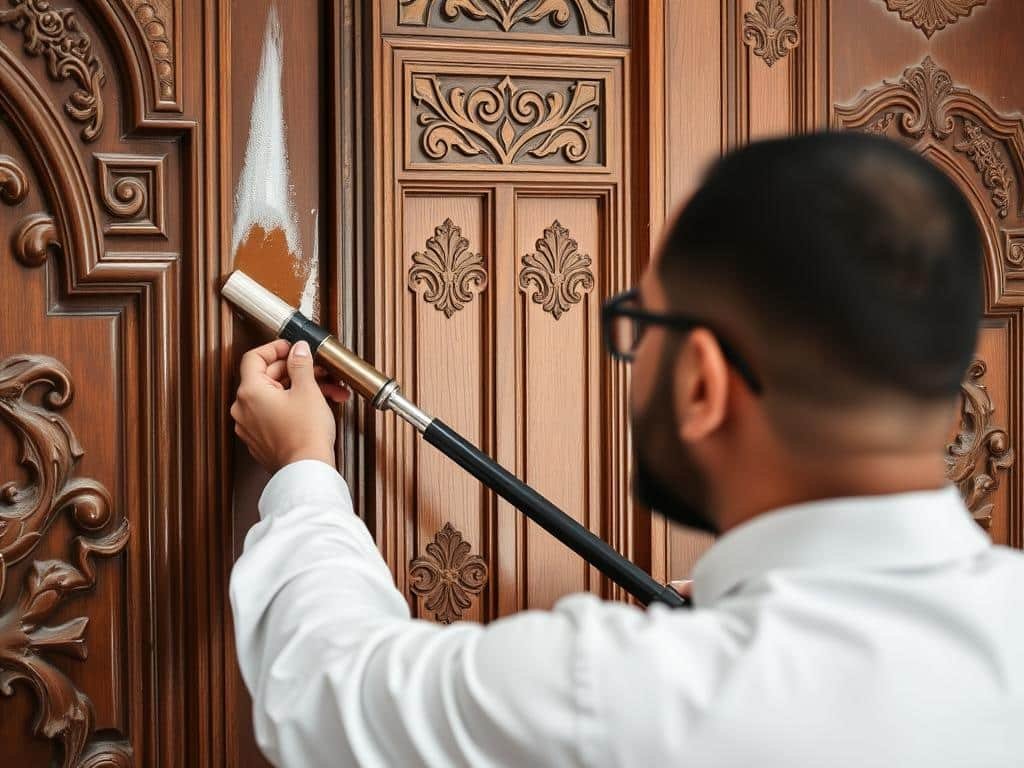 معلم دهان يقوم بصباغة أبواب خشبية في الكويت