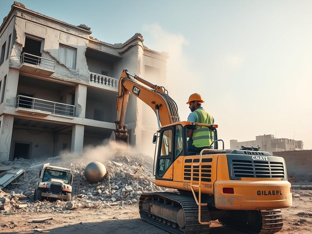 مقاول هدم يستخدم معدات ثقيلة لهدم مبنى في الكويت