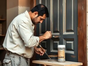 صباغ أبواب وخشب الكويت يقوم بدهان باب خشبي