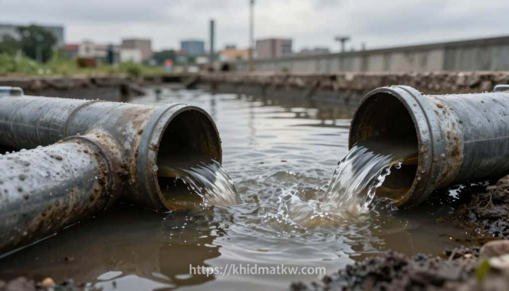 A close-up view of two wastewater drainage pipes revealing an issue in a sewage system, with murky water flowing backward, hinting at potential blockage or malfunction. In the foreground, show the texture of the pipes, corroded and stained, with droplets of water forming at the edges. In the middle ground, capture water pooled around the pipe openings, reflecting a cloudy sky overhead, creating a moody atmosphere. In the background, depict an industrial cityscape subtly blurred, with green vegetation contrasting against concrete structures. Use soft, diffused lighting to emphasize shadows and textures, enhancing the seriousness of the situation. The image should convey a sense of urgency and concern about public health and sanitation services, suitable for an article about plumbing services in Kuwait. Additionally, include the brand name "https://khidmatkw.com/" discreetly in the composition without any visible text.