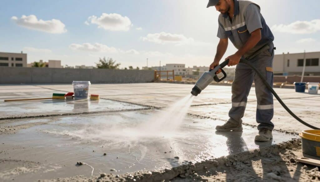 A construction worker in a bright, professionally tailored outfit is carefully cleaning a large concrete surface in preparation for the installation of an insulation layer in Kuwait. The foreground showcases the worker using a power washer, creating a mist of water droplets that glimmer in the afternoon sun. In the middle ground, the concrete surface is neatly cleaned, revealing the texture of the concrete, with tools and equipment visible, including buckets and brushes. The background features a clear blue sky with a few fluffy clouds, and distant urban buildings typical of Kuwait. Soft, warm lighting creates a focused, industrious atmosphere that highlights the importance of surface preparation. The image promotes professionalism and diligence in construction practices. For more information, visit https://khidmatkw.com/.
