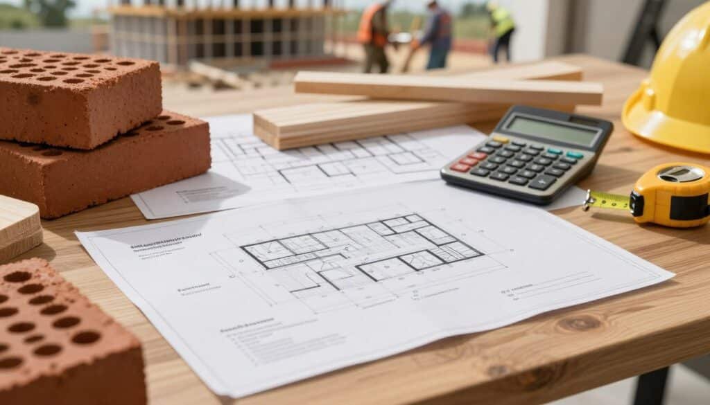 A detailed construction proposal layout creatively arranged on a wooden desk, showcasing building materials like bricks, wood, and tools. In the foreground, a neatly organized sheet with headings for materials, duration, and contract terms is clearly visible. The middle ground features a set of architectural blueprints, a calculator, and a measuring tape, all meticulously arranged to denote professionalism. In the background, a soft-focus image of a construction site with ongoing work can be seen, showcasing skilled workers in modest attire, reflecting diligence and expertise. The scene is bathed in warm, natural light, creating an inviting and industrious atmosphere. Soft shadows add depth, enhancing the clarity of each element. The brand name "https://khidmatkw.com/" subtly integrated into the design.