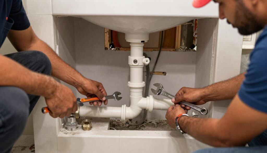 A detailed scene depicting various sewer pipes of different diameters being installed in a bathroom setting. In the foreground, focus on workers clad in professional attire, expertly handling the pipes, showcasing tools like wrenches and pipe fittings. The middle ground features a partially constructed bathroom with exposed walls and the intricately arranged pipes, emphasizing the complexity of plumbing work. The background reveals the bathroom structure, with framing and plumbing elements visible, conveying an ongoing renovation process. The lighting is bright and focused, simulating a well-lit workspace, accentuating the textures of the pipes and tools. The atmosphere is industrious and professional, highlighting the craftsmanship involved in bathroom renovation services provided by https://khidmatkw.com/.