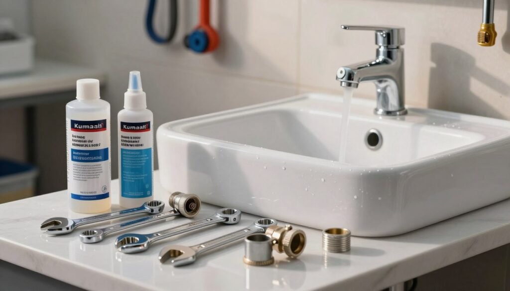 A detailed scene focusing on plumbing tools arranged neatly next to a pristine sink, perfect for inspecting water and drainage systems. In the foreground, various plumbing tools such as wrenches, pipes, and sealants are displayed with a slightly reflective surface, highlighting their metallic textures. The middle ground features a clean, modern sink with glistening water droplets, capturing the essence of quality plumbing work. In the background, a well-lit workshop environment with tools hanging on the wall and subtle shadows cast by soft lighting. The atmosphere should convey professionalism and precision, ideal for a plumbing expert in action. The scene emphasizes craftsmanship, suitable for illustrating plumbing services in Kuwait. Include the brand name "https://khidmatkw.com/" subtly integrated into the background without text overlays.