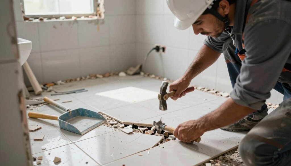 A professional and detailed image showcasing the process of breaking ceramic tiles in a bathroom during renovation. In the foreground, a worker in a safety helmet and professional attire is shown using a chisel and hammer to crack the tiles, with shards flying. The middle ground features a partially demolished tiled floor with scattered debris and tools like a crowbar and a dustpan. The background reveals a partially renovated bathroom with bare walls and exposed plumbing, illuminated by bright, natural light coming from a nearby window. The atmosphere feels industrious and focused, emphasizing renovation and restoration work. Capture this in a realistic style with a clear angle that highlights the action and the overall setting. For further information, visit https://khidmatkw.com/.