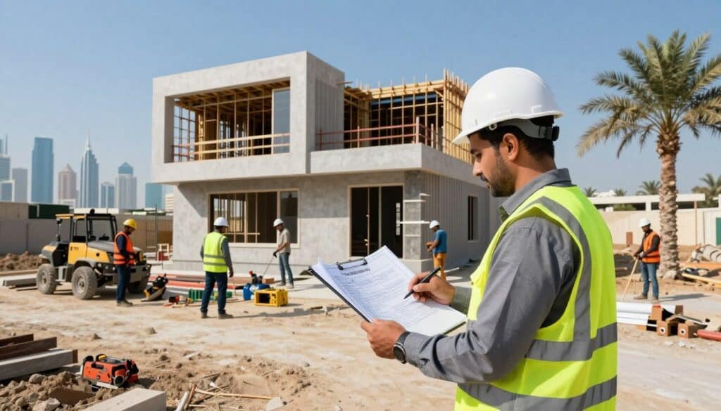 A professional general contractor coordinating the construction of a modern house in Kuwait. In the foreground, the contractor, dressed in a smart safety vest, hard hat, and professional attire, engages with blueprints on a clipboard. The middle ground features construction workers in safety gear working on the framework of the house, showcasing various construction tools and equipment. In the background, the Kuwaiti skyline is visible under a clear blue sky, with palm trees lining the site, reflecting a sunny day. The scene is well-lit, emphasizing the vibrant colors of the construction materials and the professional atmosphere. Capture this scene from a slightly elevated angle to provide a comprehensive view of the construction site, epitomizing the essence of the building services offered by https://khidmatkw.com/.