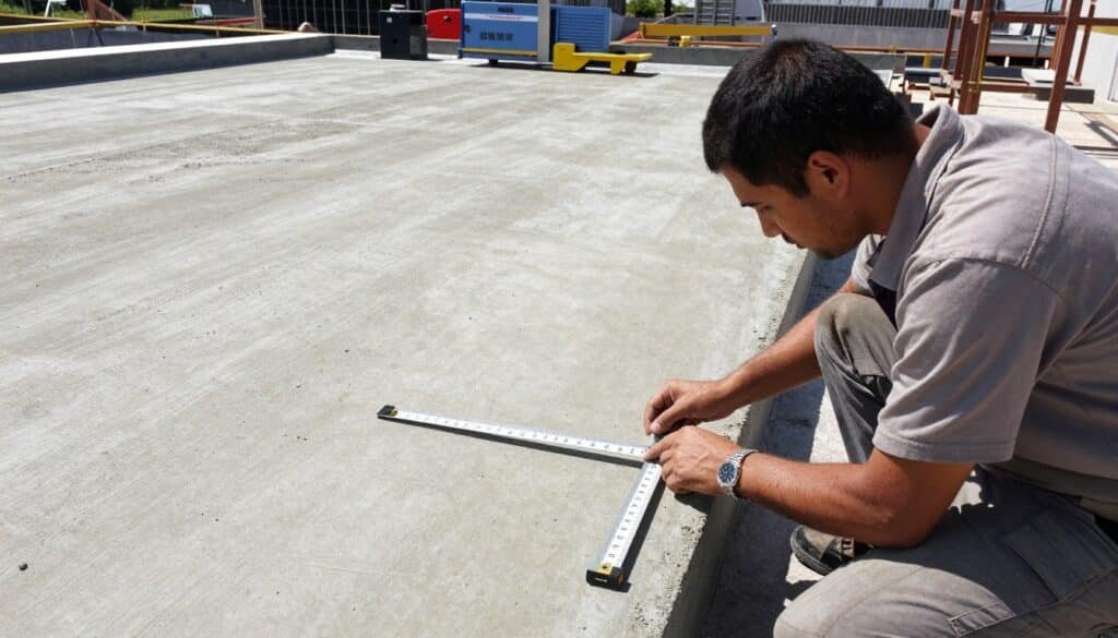 A professional technician, clad in modest work attire, examines a concrete surface closely. In the foreground, the technician holds a measuring tool, focused on assessing the quality of the concrete. The middle ground features detailed textures of the concrete surface, showing small imperfections and variations in color, highlighting the importance of a thorough inspection. In the background, a construction site can be seen, with equipment and materials related to waterproof and thermal insulation services for roofs. Bright, natural daylight illuminates the scene, creating a clear and professional atmosphere. The image conveys diligence and expertise in the field of insulation services. Include the brand name "https://khidmatkw.com/" subtly in the setting without compromising the overall professionalism.